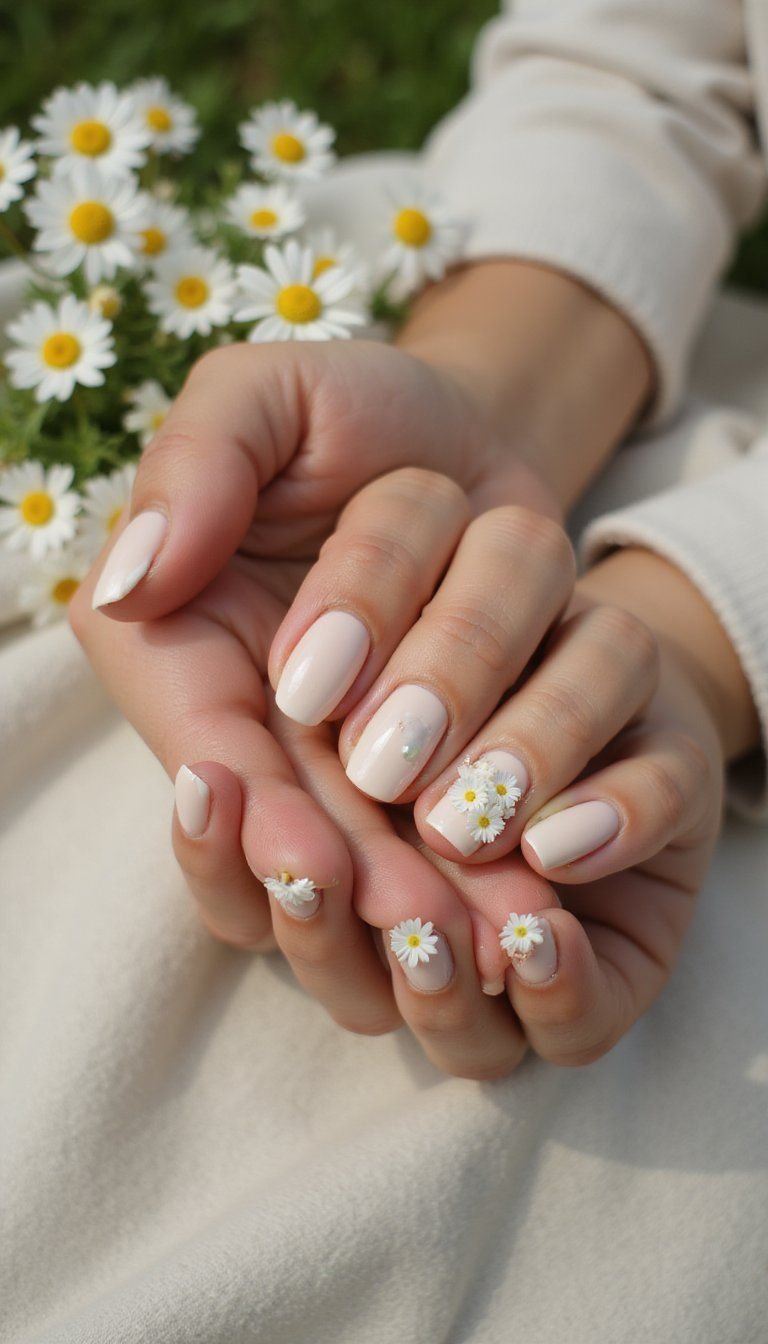 Daisy Cluster Accent Nails With Pearly Dots