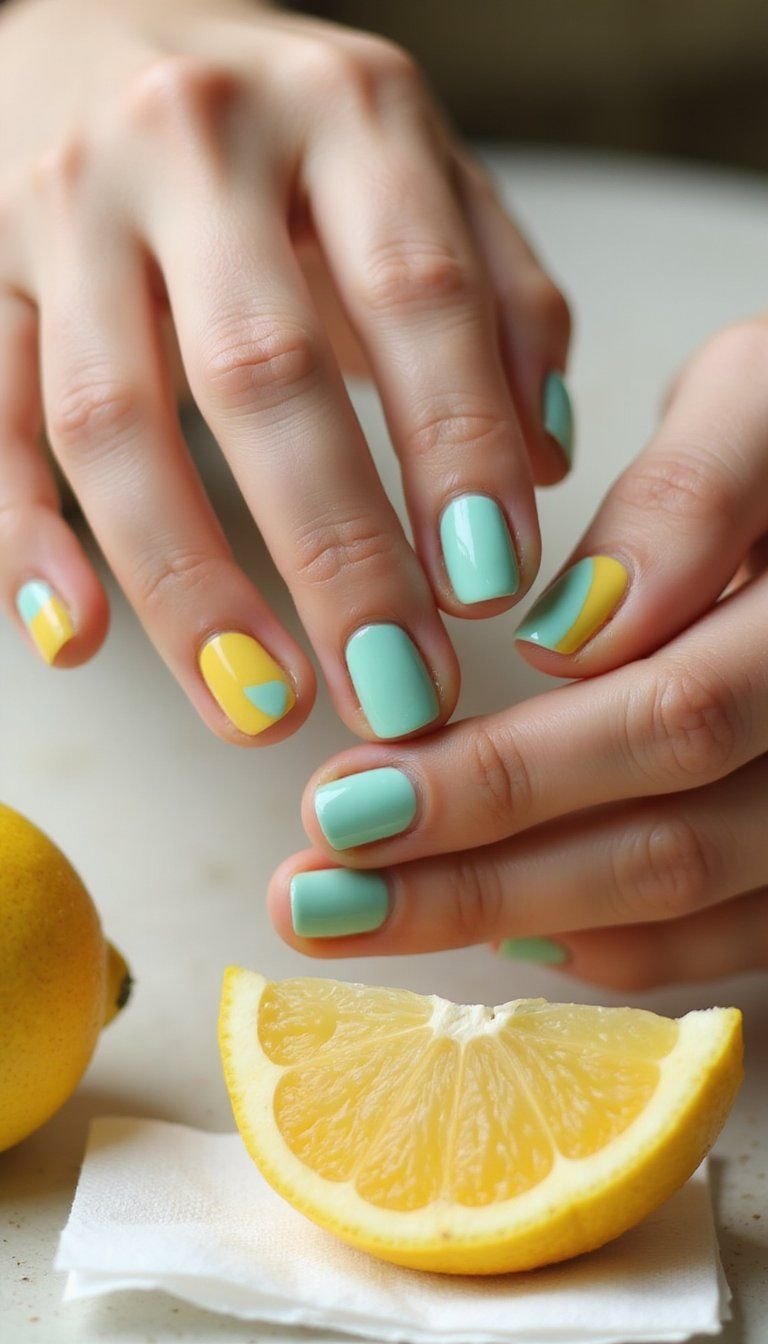 Mint Lemon Citrus Half-Moon Nails With Glossy Topcoat
