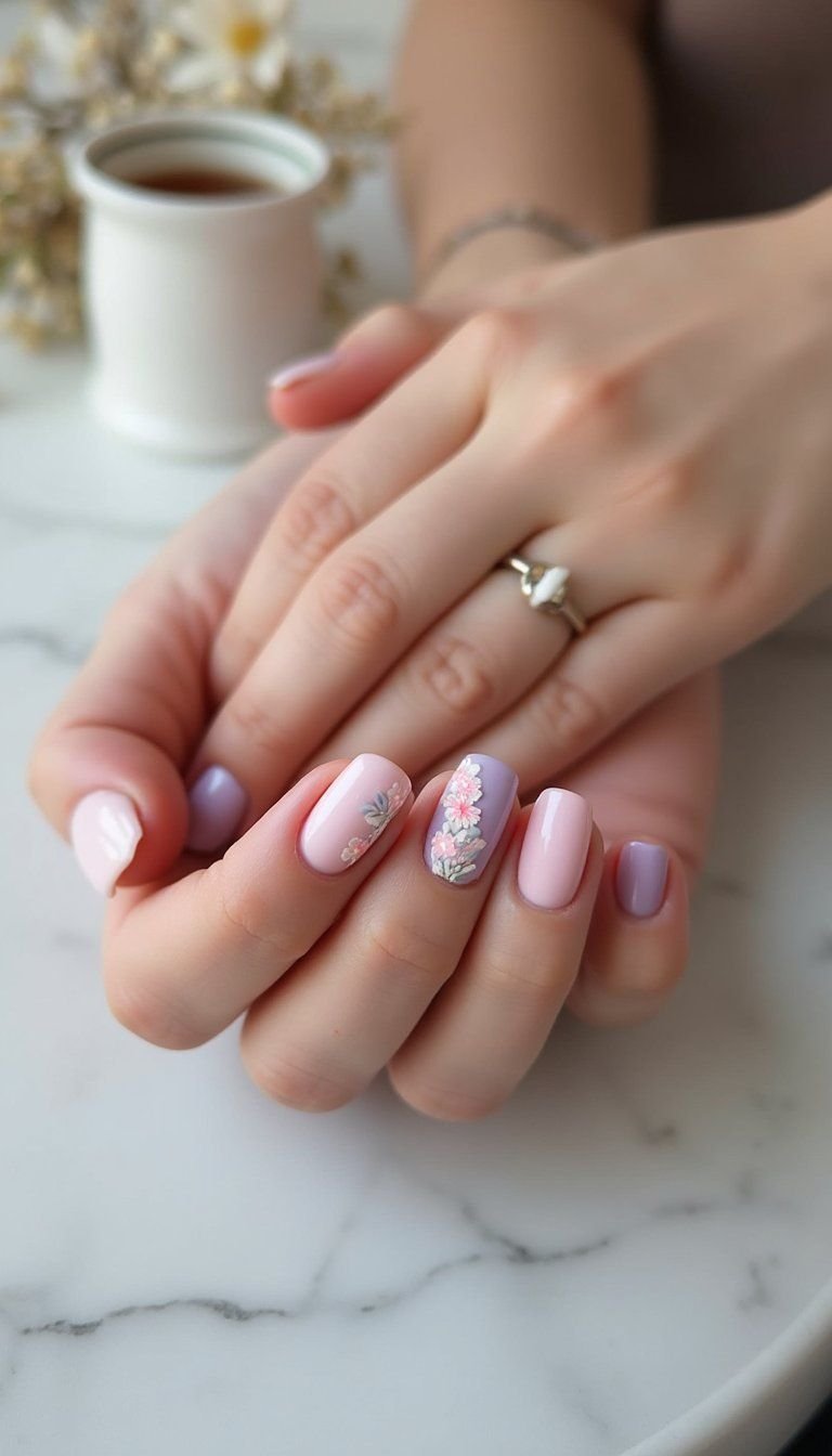 Pastel Floral Accent Nails With Tiny Blossoms