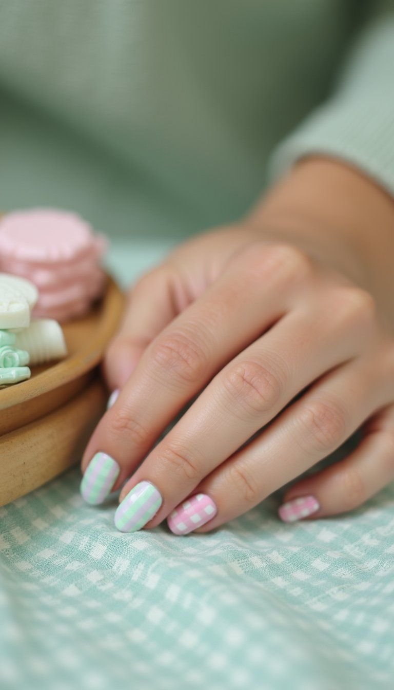 Pastel Gingham Check Nail Art With Matte Top