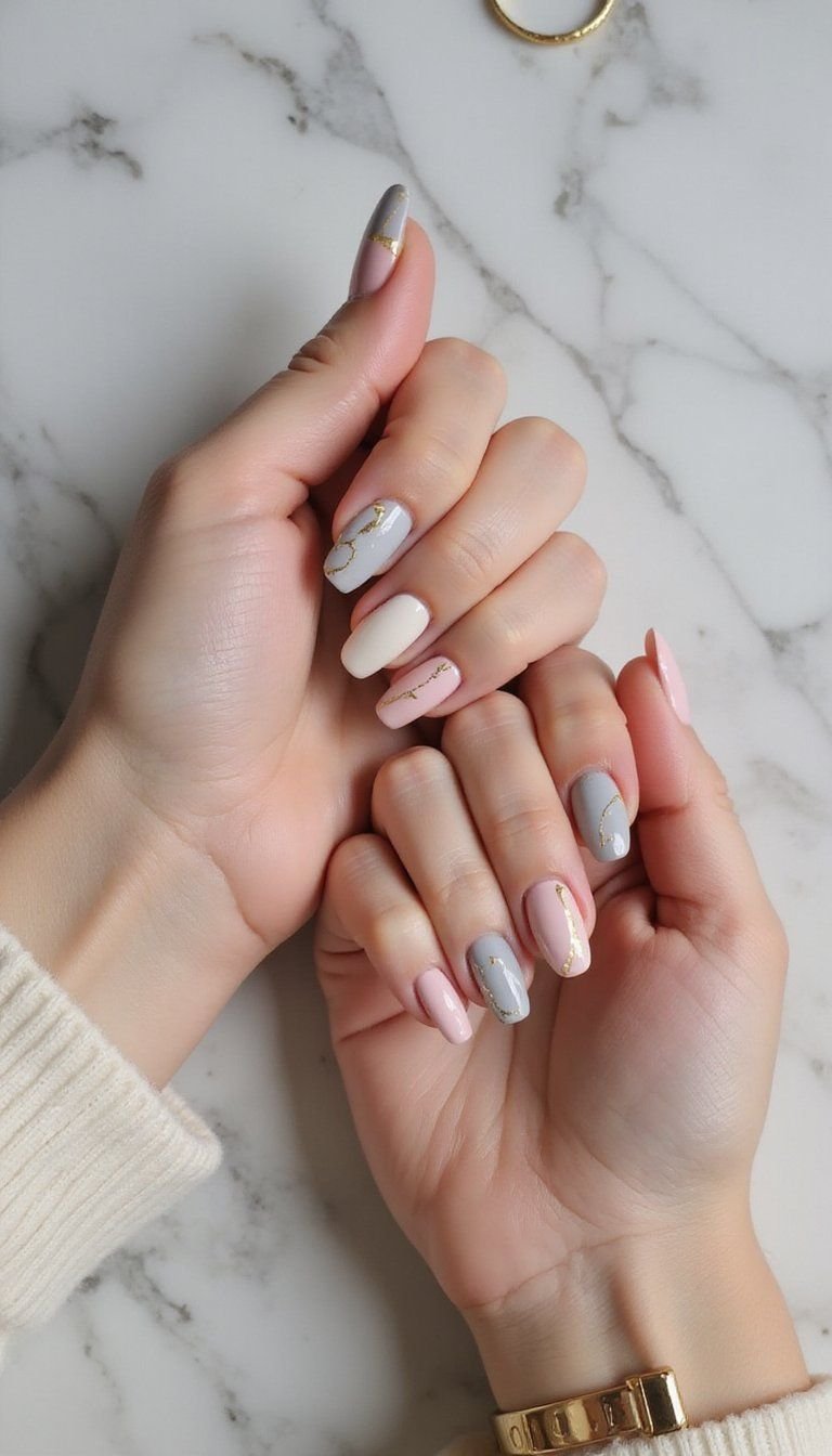 Spring Marble Nails With Delicate Gold Veining