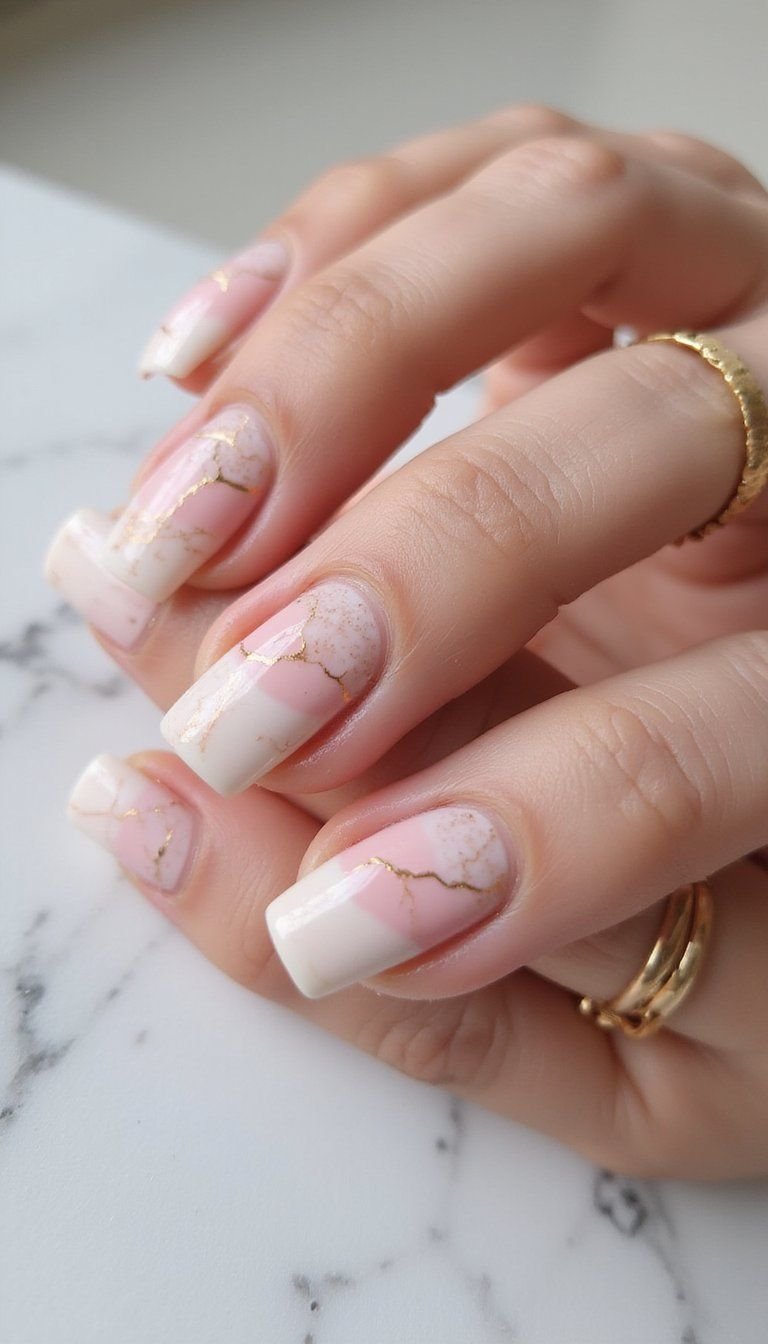 Spring Marble Nails With Delicate Gold Veining
