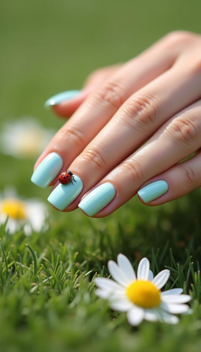 Tiny Ladybug Accent Nails On Soft Mint
