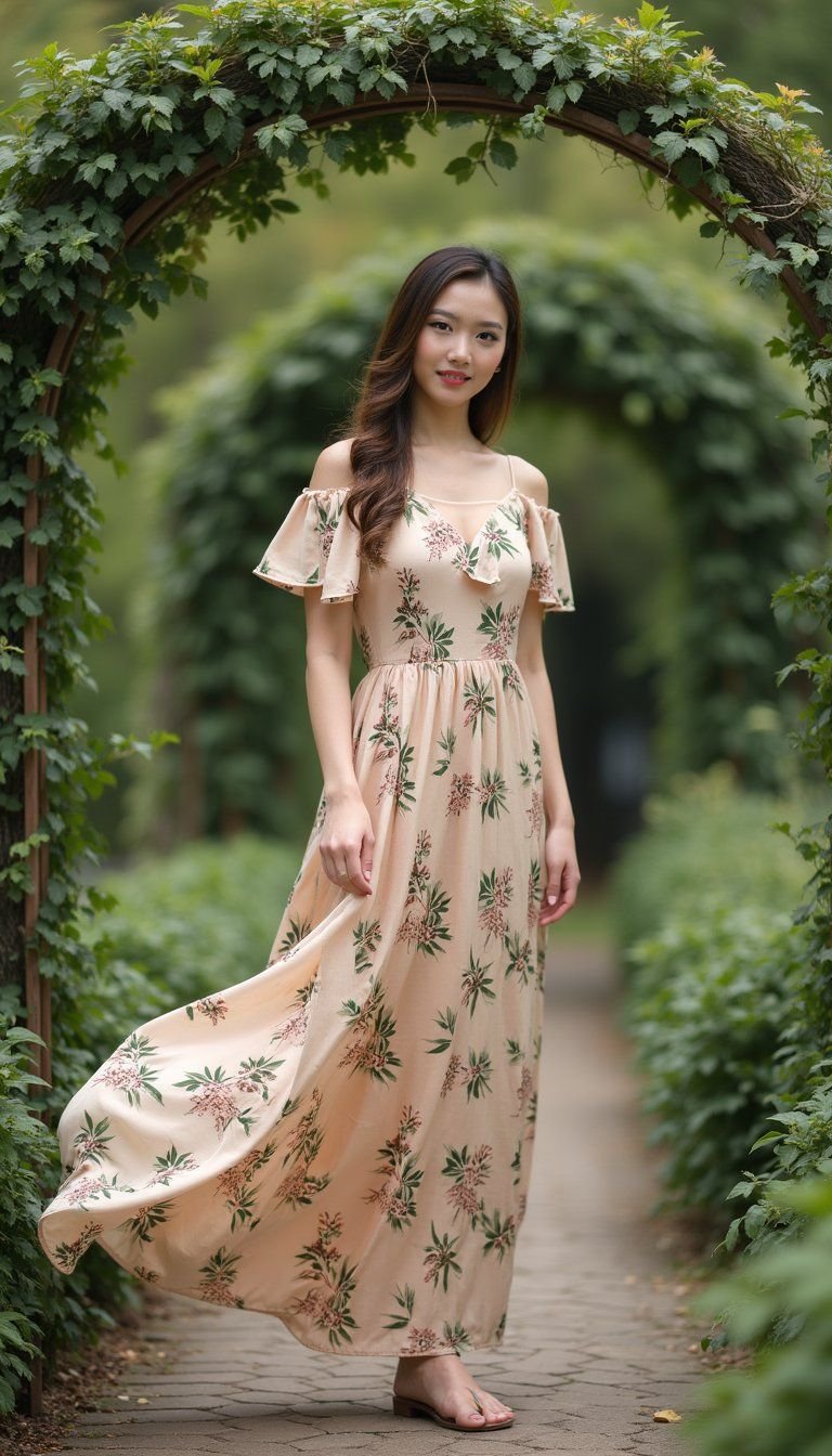 Botanical Print Maxi Dress With Flutter Sleeves