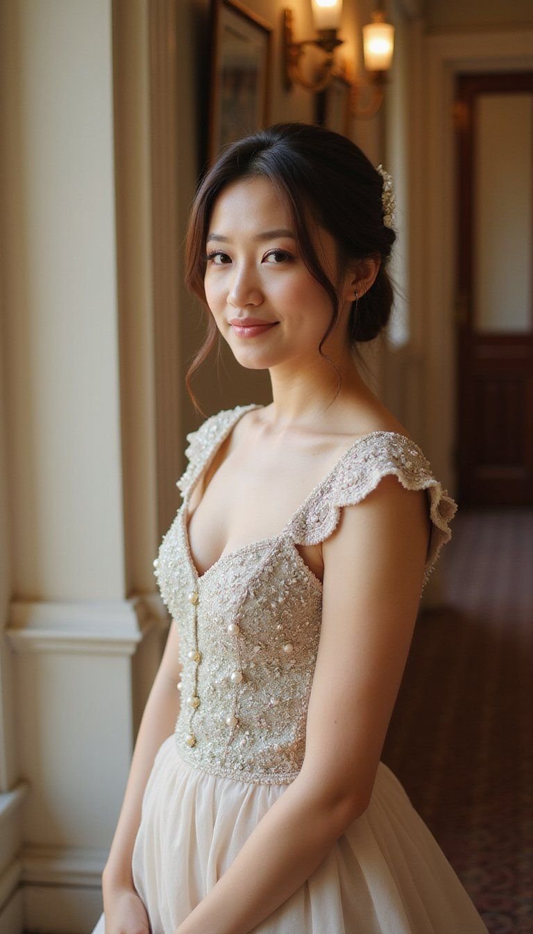 Embellished Cap Sleeve Dress With Pearl Buttons