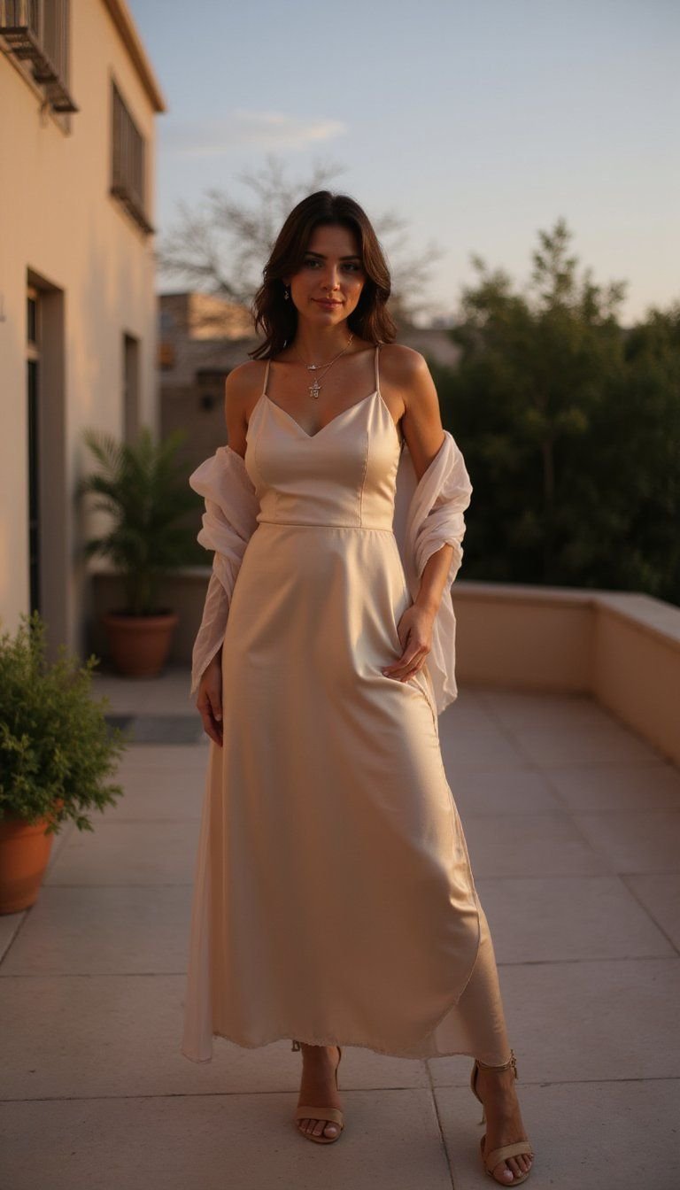 Satin Slip Dress Paired With Light Shawl