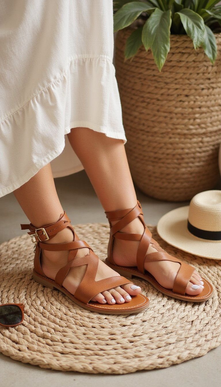 Strappy Leather Sandals In Warm Tan Tone