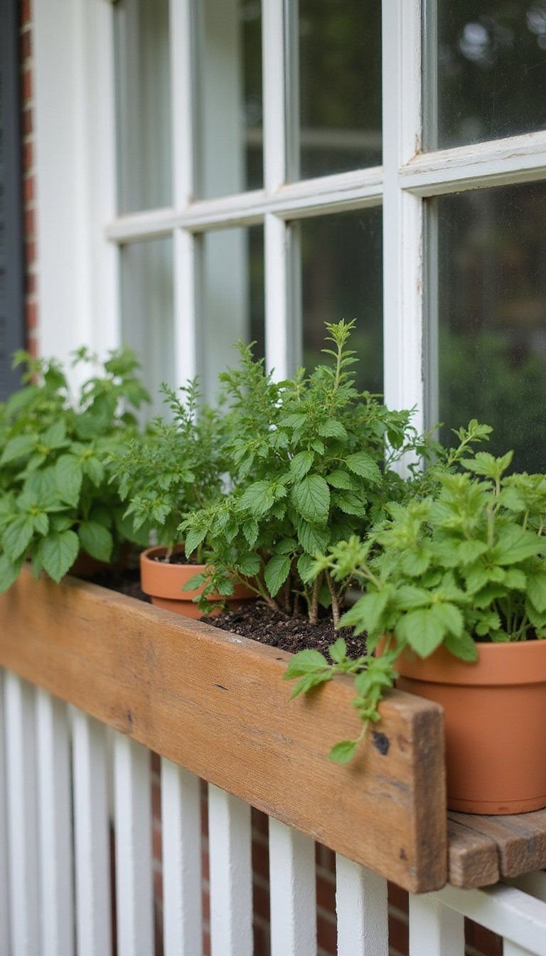 Herb Garden Window Boxes Along Porch Railing