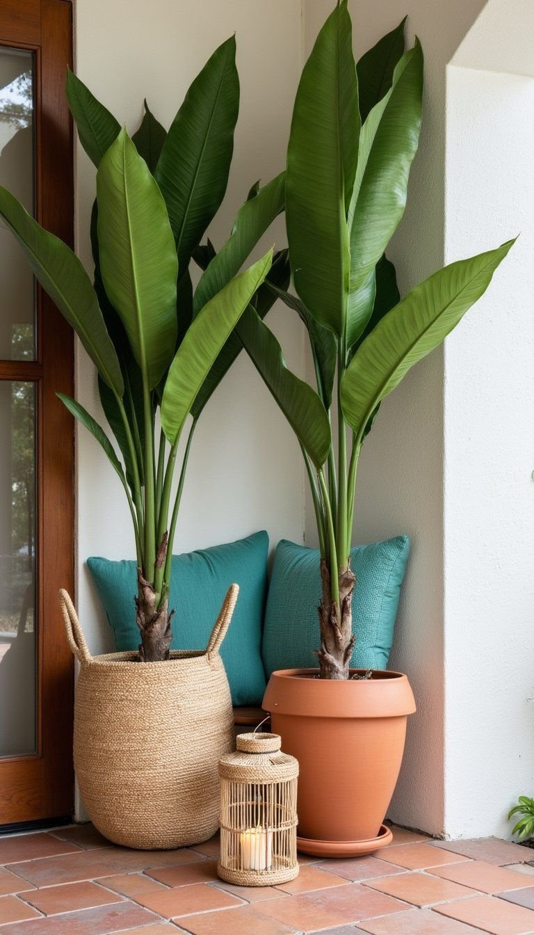 Tropical Palm Planters With Woven Basket Accents