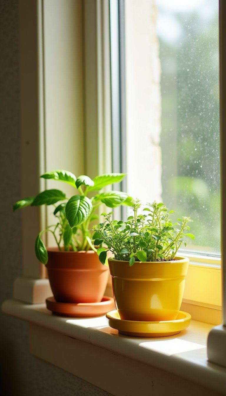 Fresh Citrus Herb Planters On Windowsill Display