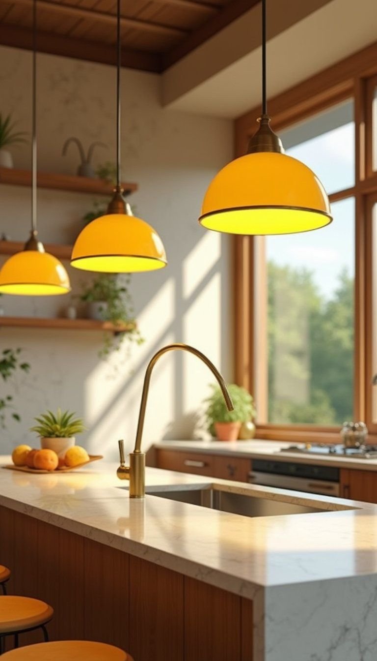 Sunny Yellow Pendant Lights Above Breakfast Bar