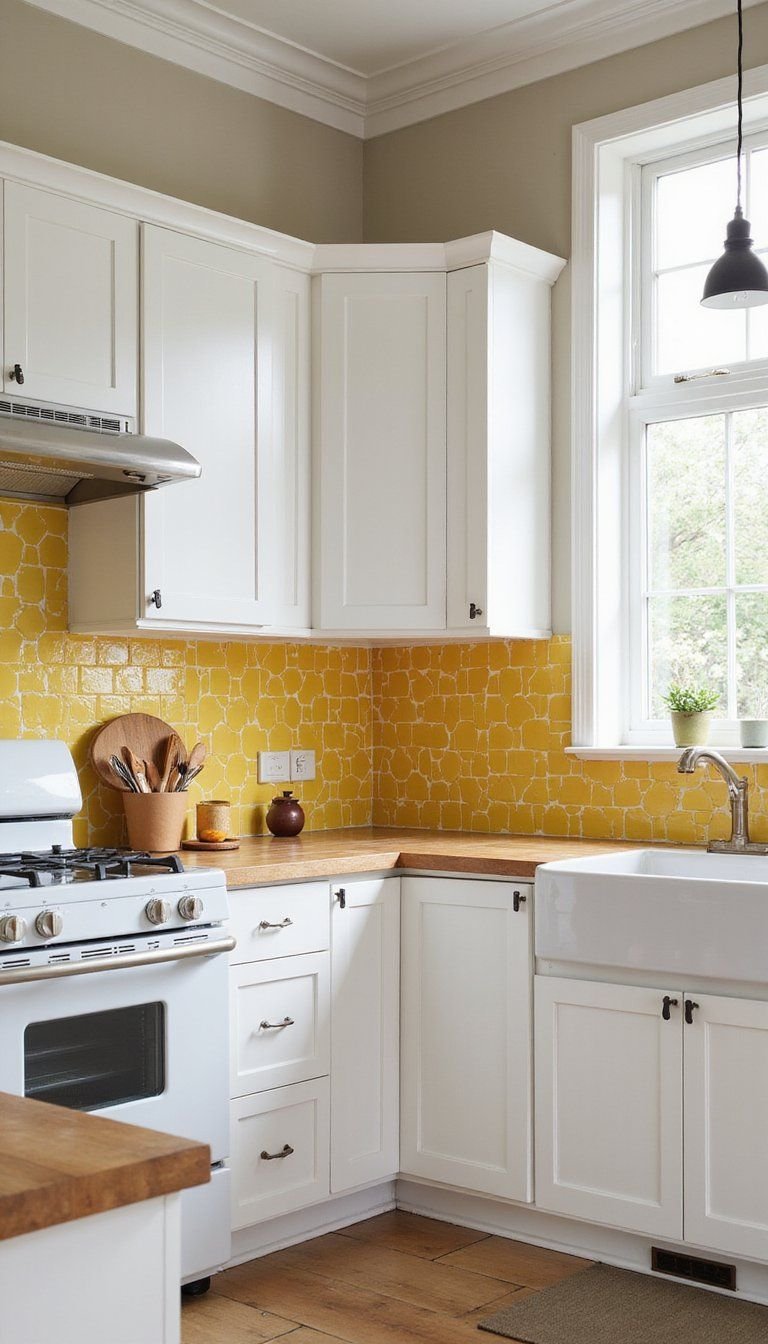 Yellow And White Tile Backsplash Accent Wall
