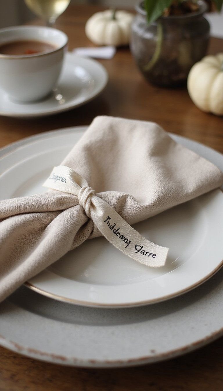 Hand Stamped Fabric Place Cards On Linen Ribbons