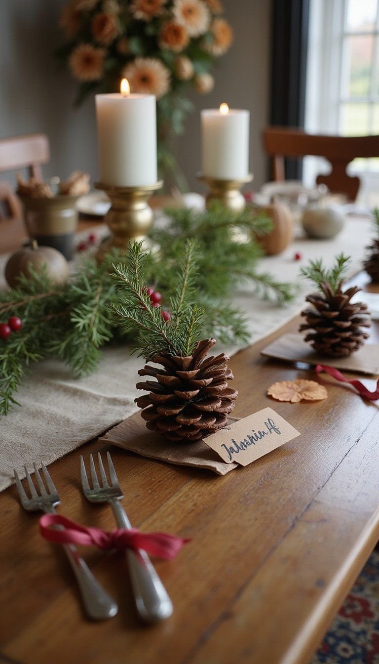 Pine Cone Name Holders With Sprig And Ribbon