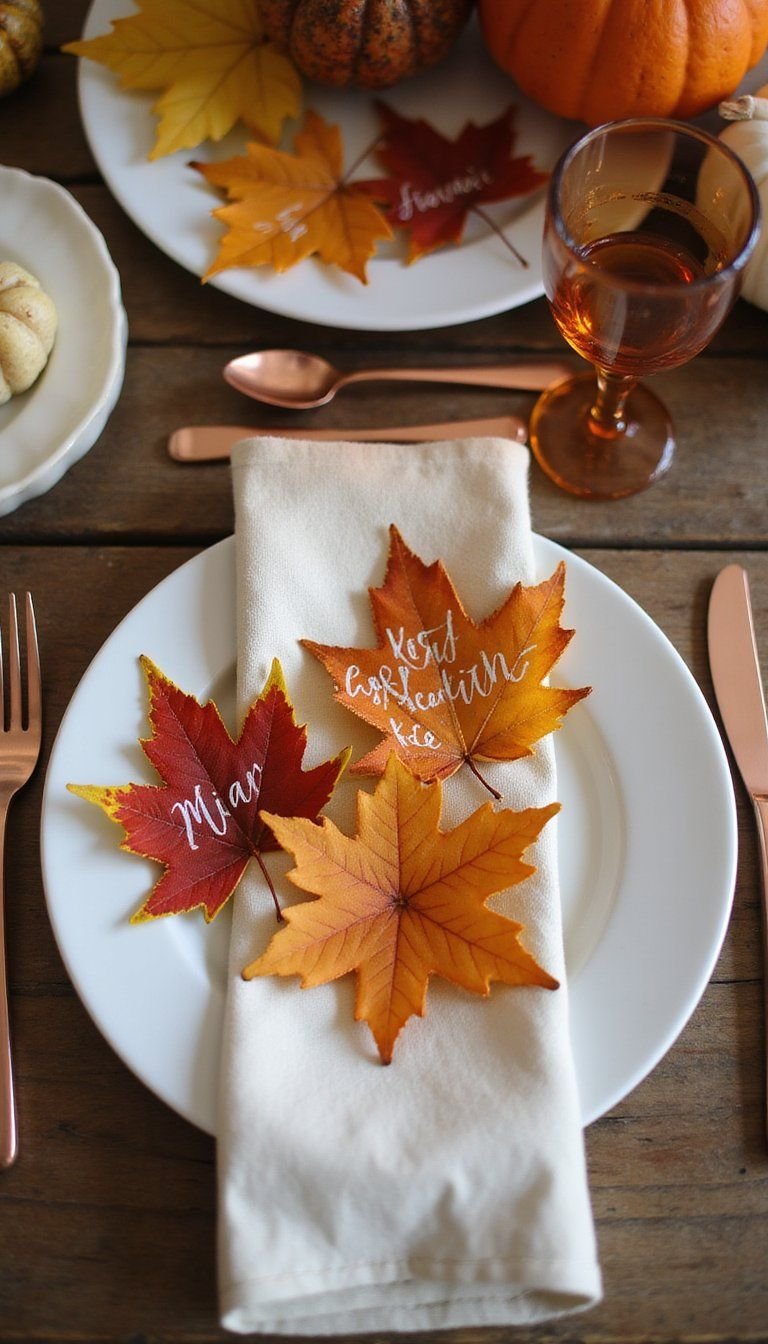 Pressed Leaf Calligraphy Place Cards With Gold Edges