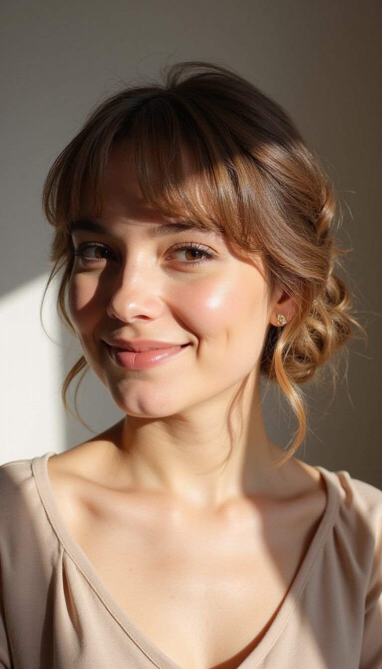 Twisted Low Updo With Side-Swept Bangs