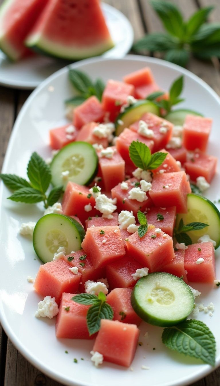 Watermelon And Cucumber Summer Salad With Feta