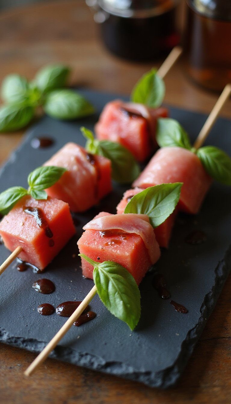 Watermelon And Prosciutto Bite Skewers With Basil Drizzle