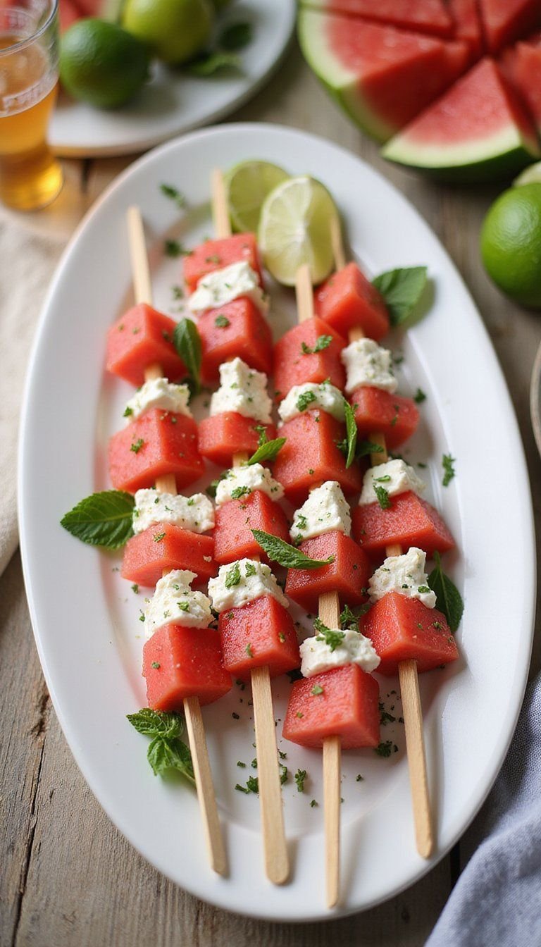 Watermelon Feta Mint Skewers With Lime
