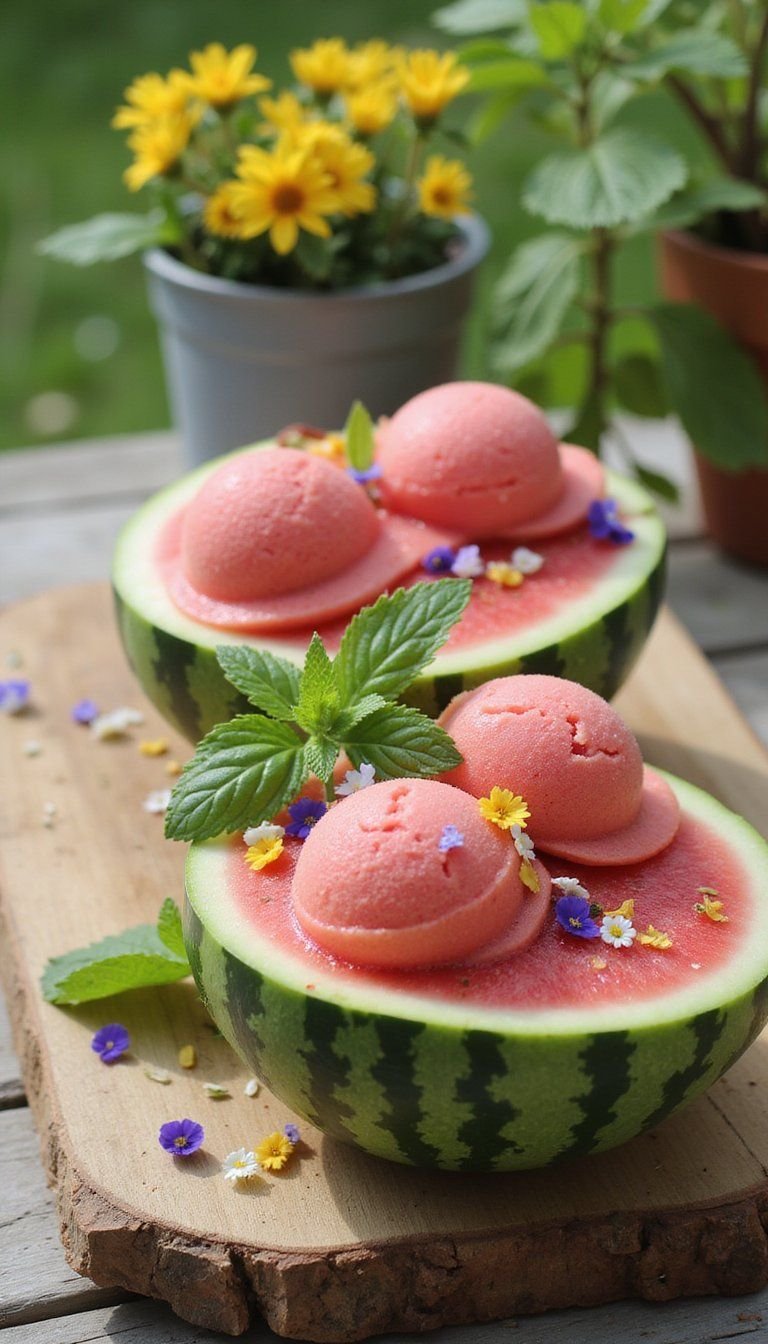 Watermelon Sorbet Scoops Served In Rind Bowls