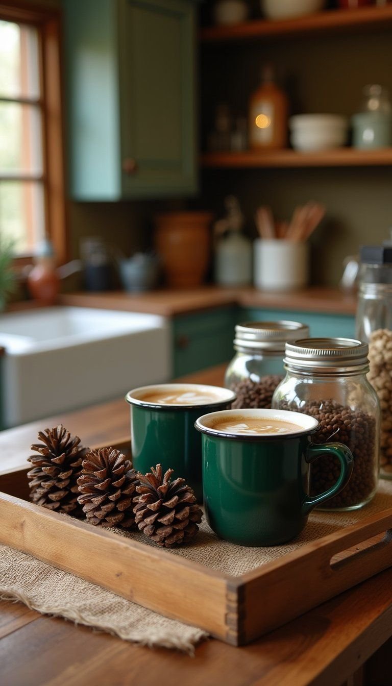 Rustic Evergreen Lodge Coffee Bar Setup With Burlap And Pinecones