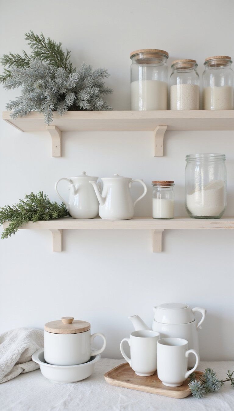 Snowy White Monochrome Coffee Shelf With Pine Accents