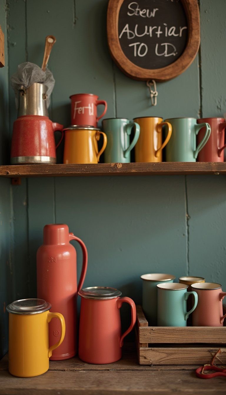Vintage Thermos And Mug Collection Display