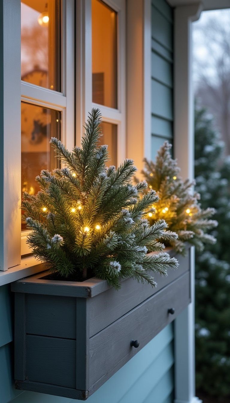 Frosted Window Boxes Filled With Evergreens And Lights