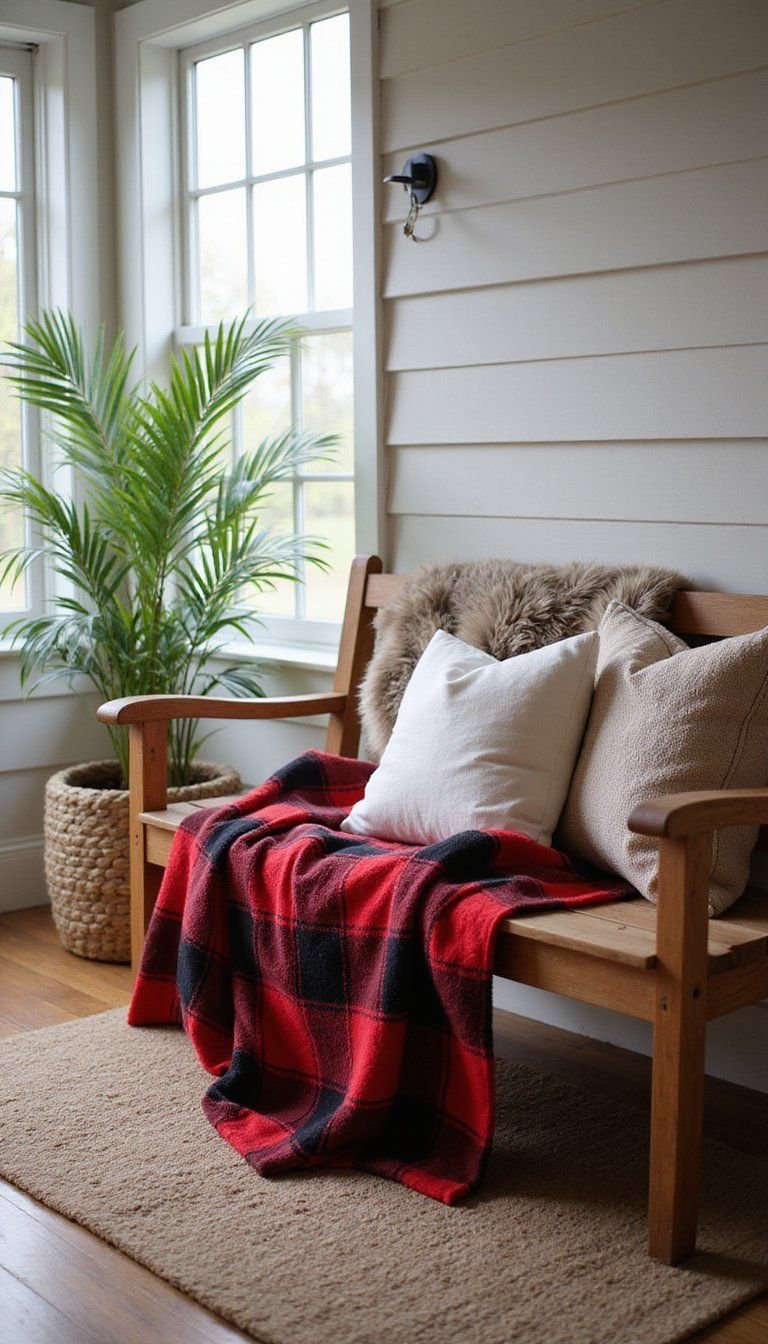 Plaid Blanket Bench With Layered Throw Pillows And Fur