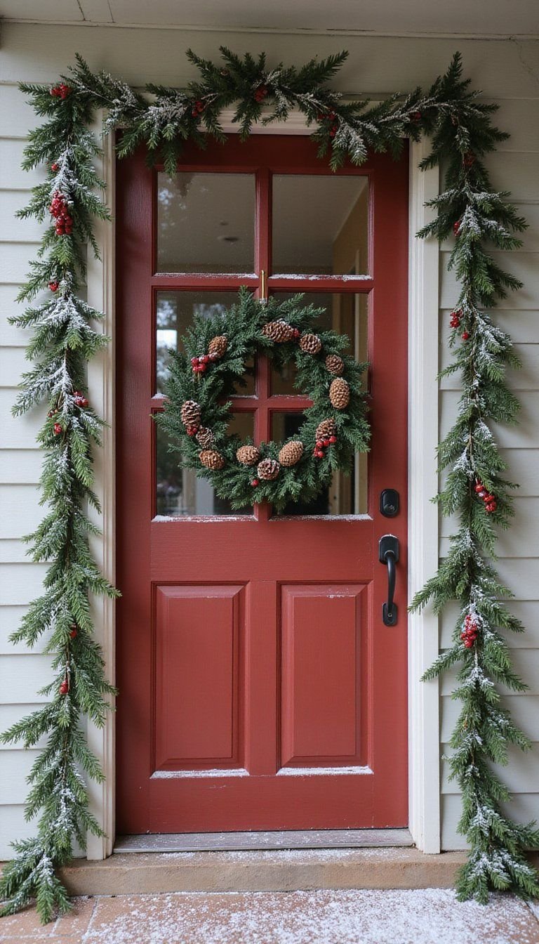 Snowy Pinecones And Berry Garland Draped Over Doorframe