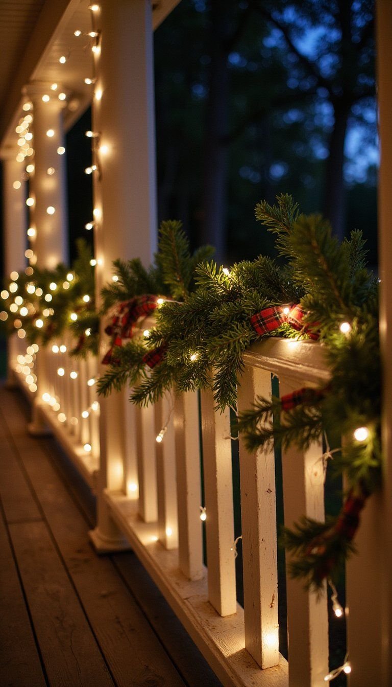 Twinkling String Lights Draped Over Greenery And Railings