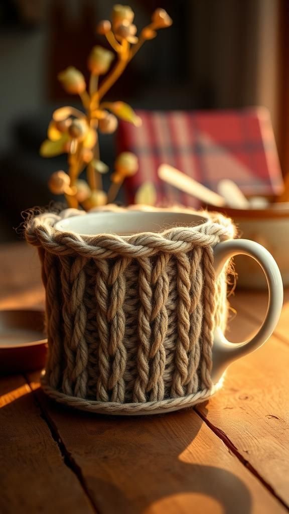 Chunky cable-knit mug cozy for cold mornings