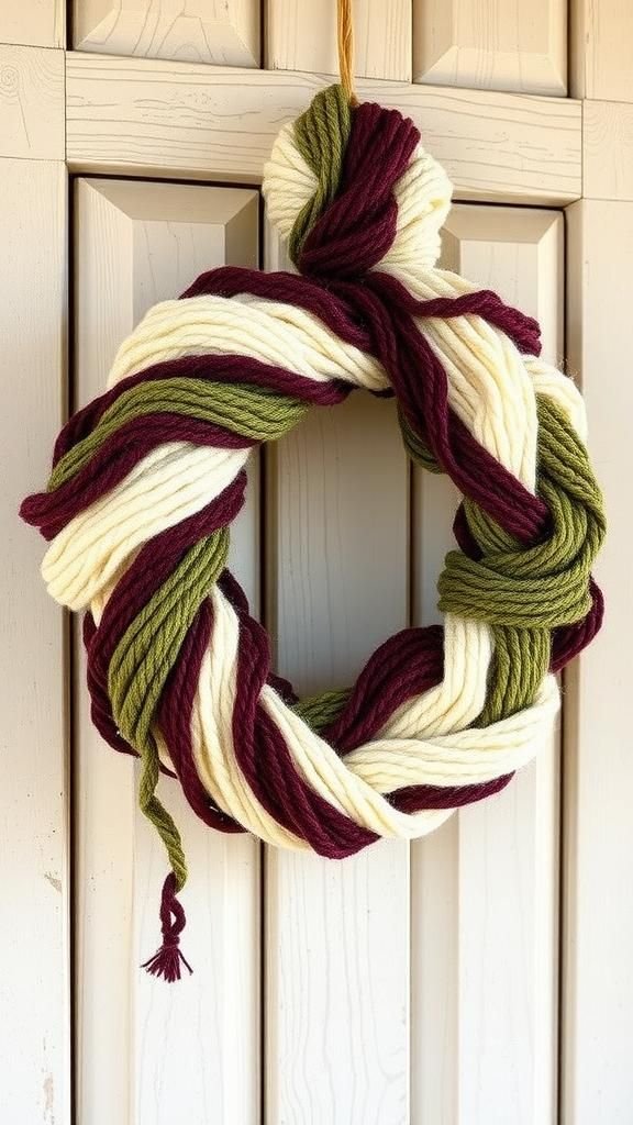 Yarn-wrapped wreath layered in winter shades