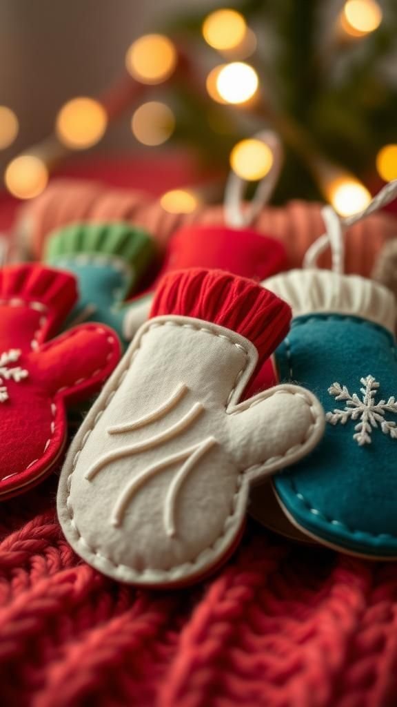 Felt mitten ornaments with stitched charm