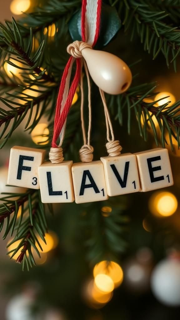 Scrabble tile name ornaments with playful letters