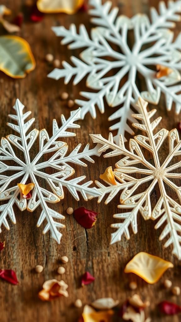 Botanical snowflakes with natural elements and earthy textures