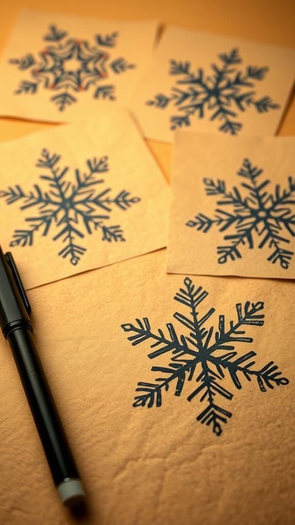 Calligraphy-drawn snowflake patterns on kraft paper