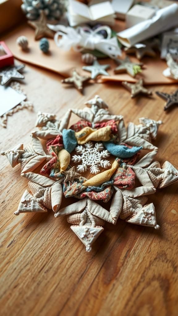 Mixed-media snowflakes with fabric scraps and paper accents