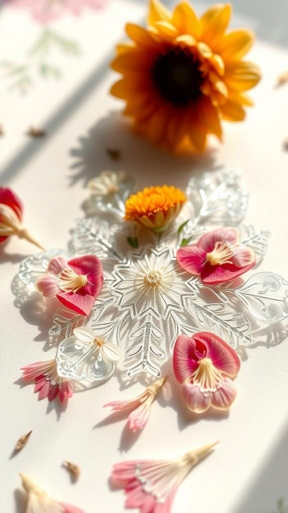 Pressed-flower snowflakes with botanical inserts for delicate displays