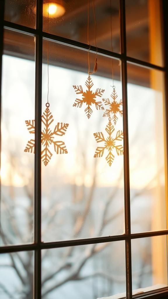 Stained paper snowflakes glowing on windows
