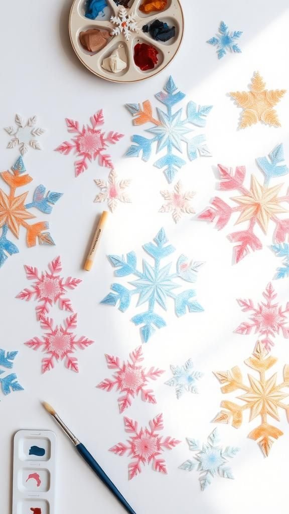 Watercolor-washed snowflakes with soft edges and dreamy color blends