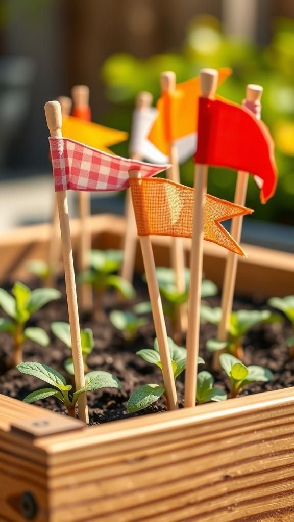 Clothespin flags that flutter above seedlings