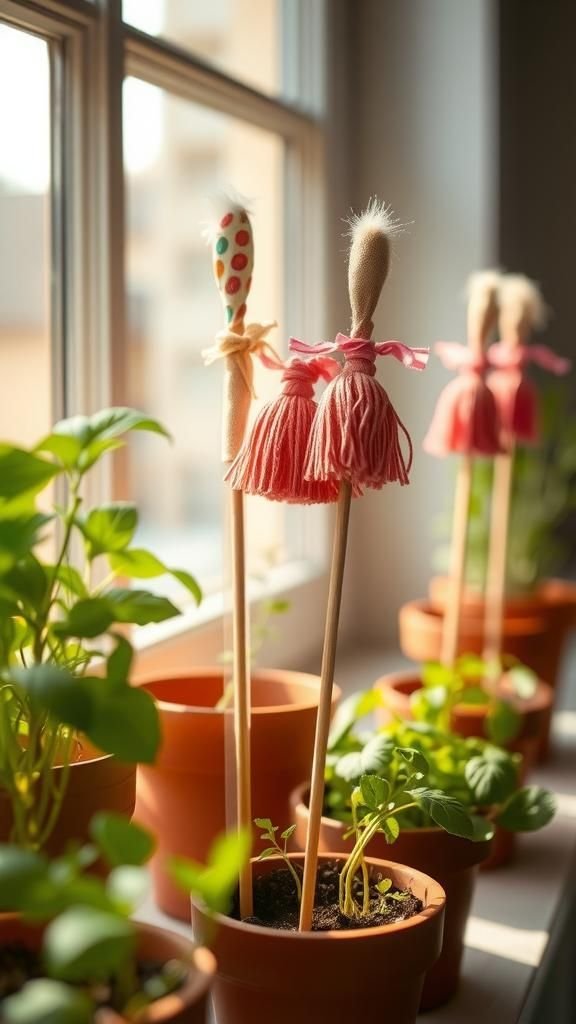 Fabric-wrapped sticks with playful tassels for pots