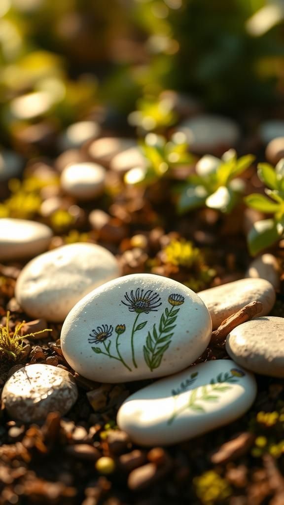 Hand-painted river stones with botanical sketches