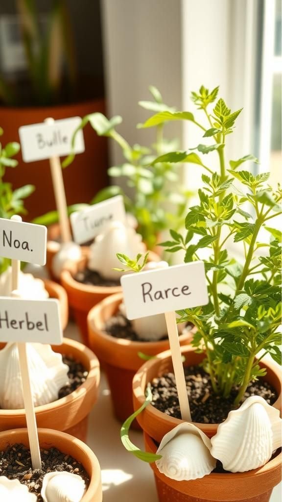 Seashell labels for coastal herb pots