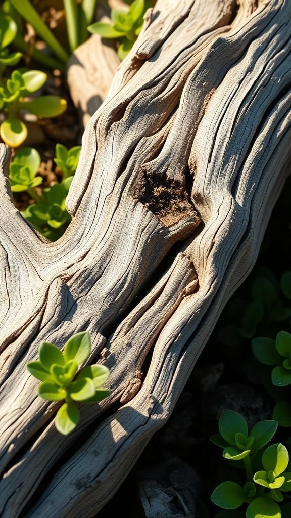 Weathered driftwood slivers with burned lettering