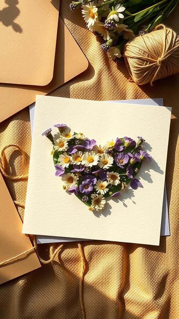 Pressed flower heart on textured paper