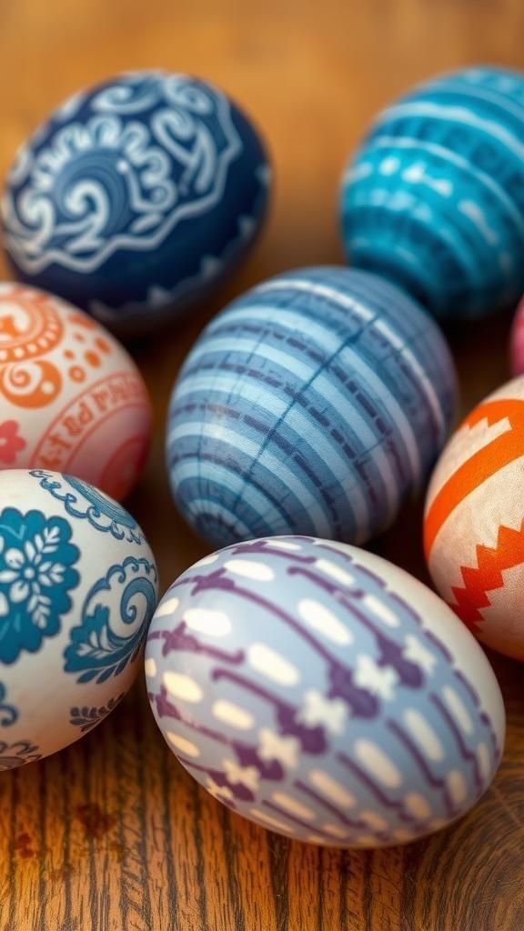 Silk-tie dyed eggs with intricate fabric transfer