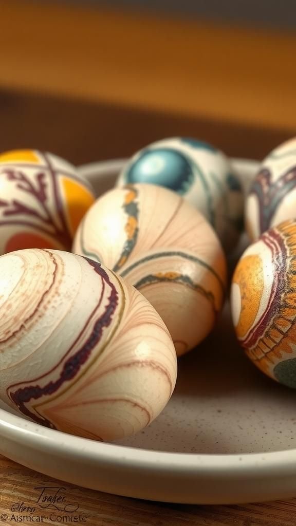 Wax-resist batik eggs with organic linework