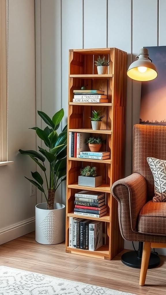 Narrow bookshelf with staggered pallet shelves